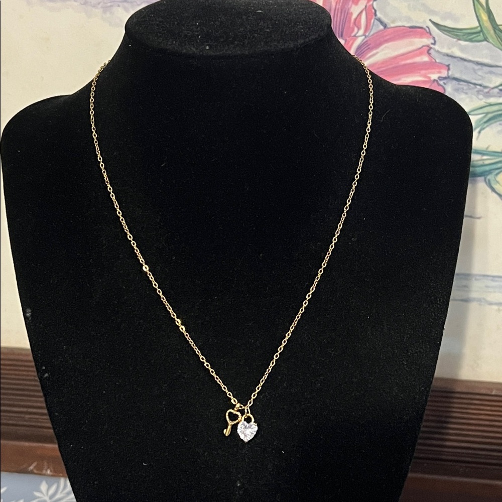 Gold Plated Stainless steel heart and key charm necklace